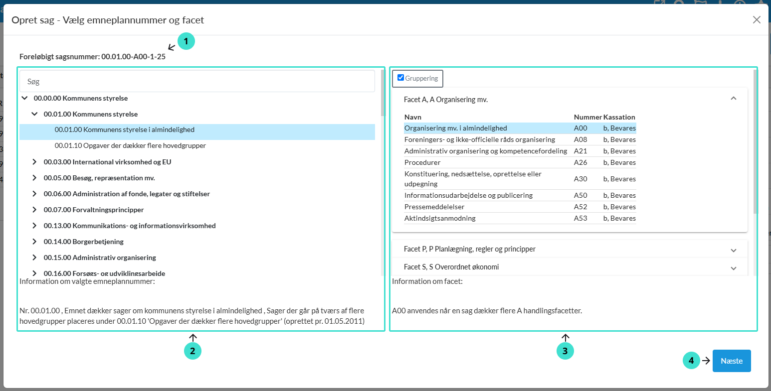 Vælg emneplannummer og facet i det første trin.