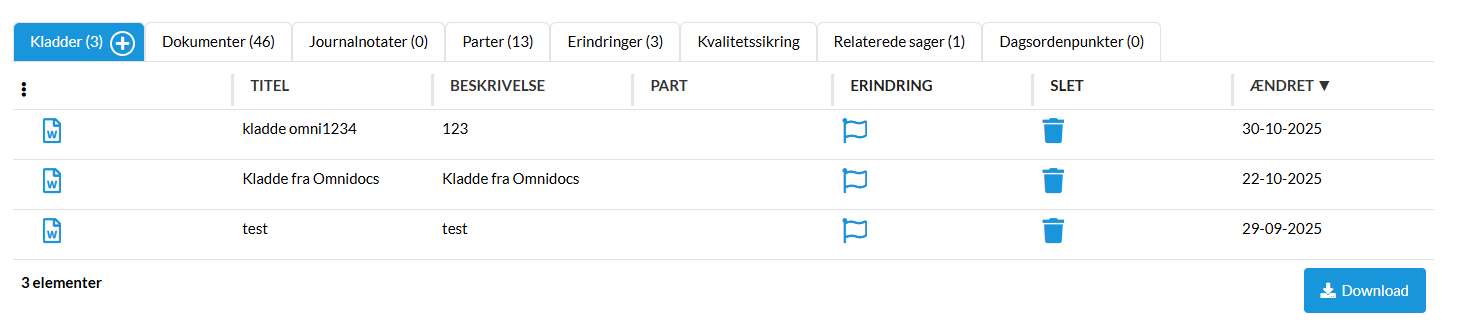 Kladder oversigt i A-sag