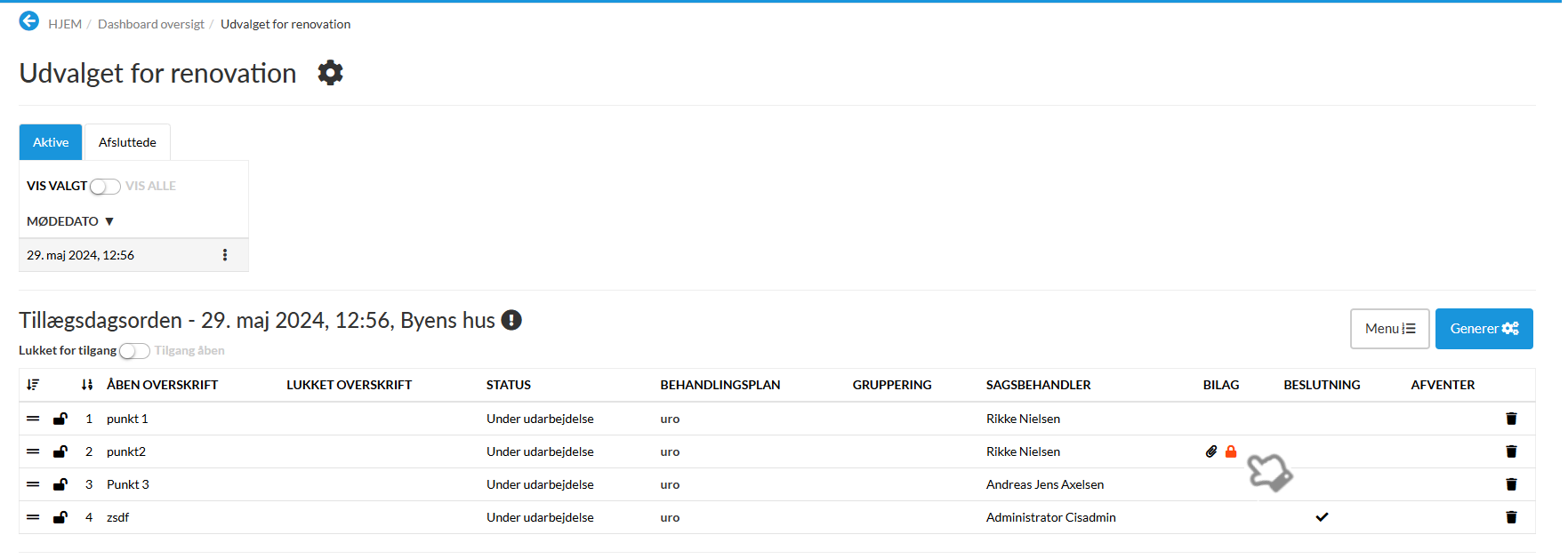 Lukket bilag i dagsorden oversigt