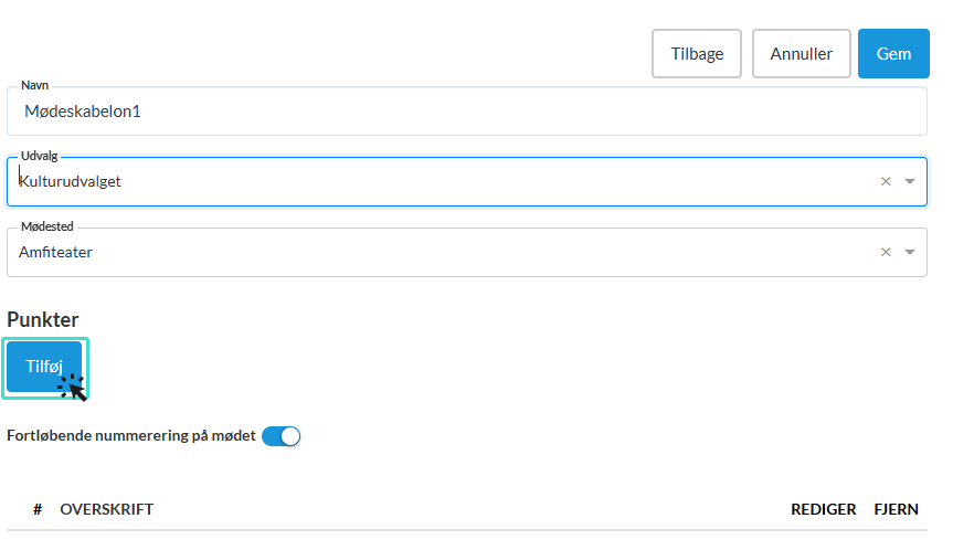 Mødeskabeloner - tilføj punkt